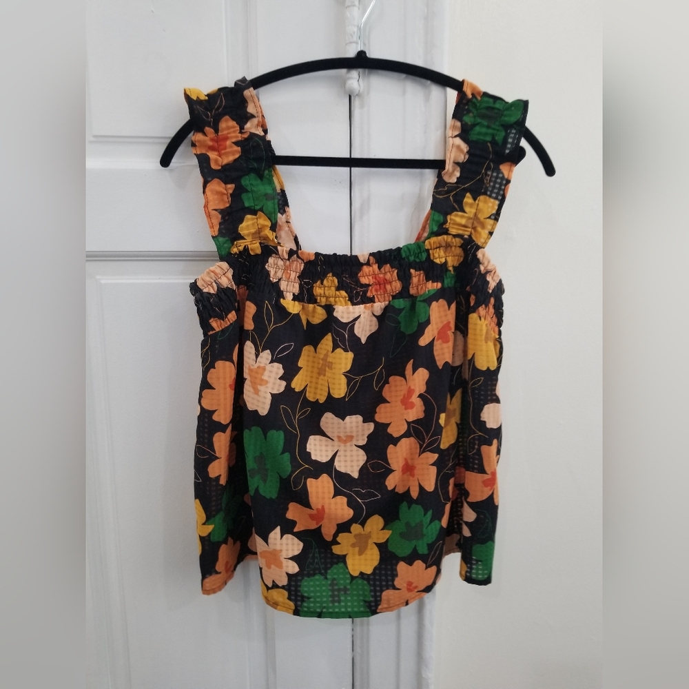 Black floral ruffle strap smock tank top